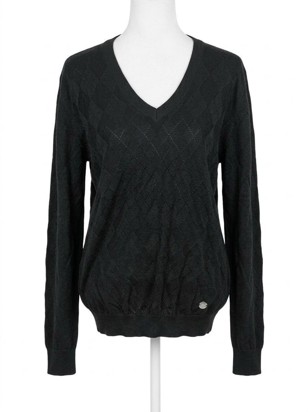 Love Moschino V-neck Argyle Sweater Black 100% Wool Pullover Women's Size L NWT